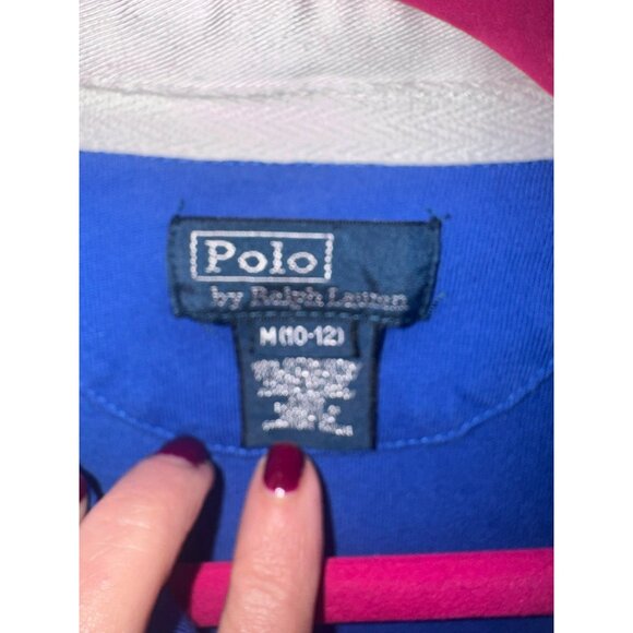 VTG Polo Ralph Lauren Boys L/S Rugby Shirt M Blue White Striped Preppy Academic - Picture 5 of 6